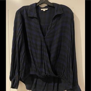 Blue & black plaid crossover top. Large.